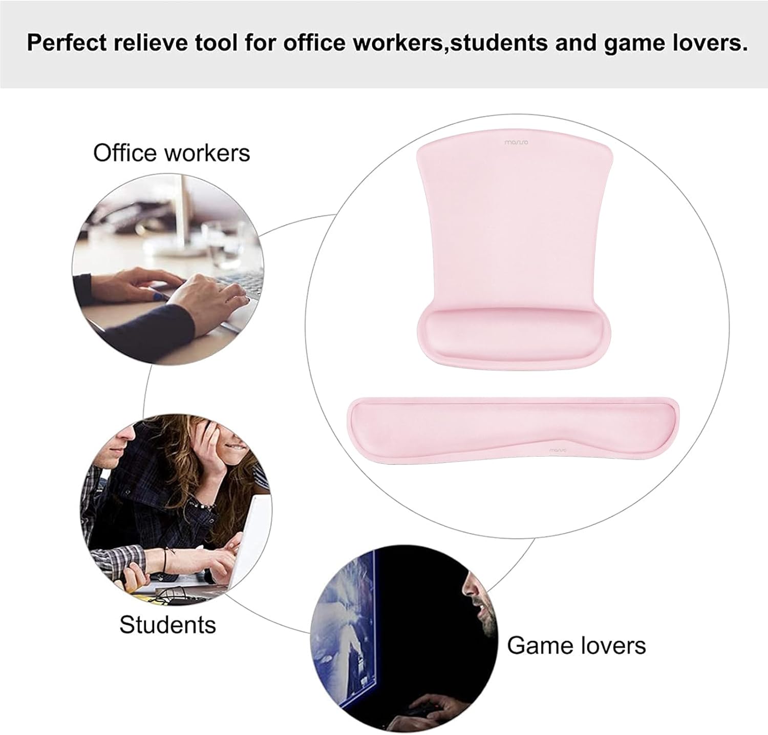MOSISO Wrist Rest Support for Mouse Pad & Keyboard Set, Ergonomic Mousepad Non-Slip Base Home/Office Pain Relief & Easy Typing Cushion with Neoprene Cloth & Raised Memory Foam, Rose Pink