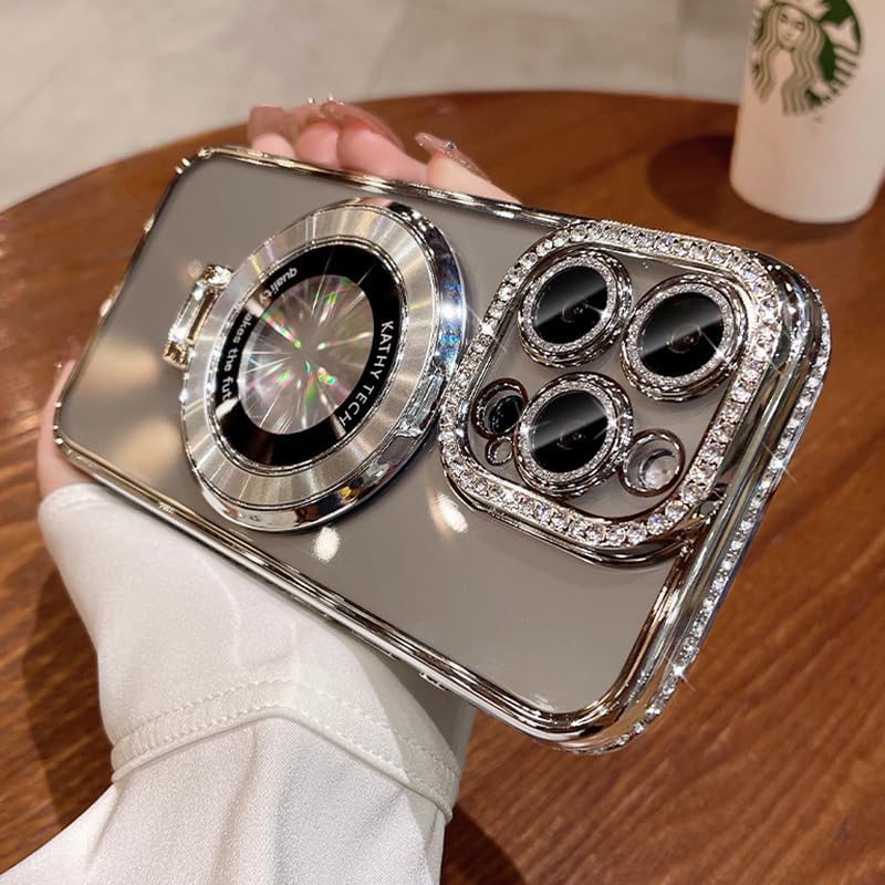 Magnetic Kickstand (Glitter Lens Protector ) Case for iPhone 15 14 13 12 Pro Max (Compatible with Magsafe ) Sparkling Diamond Cover Glitter Shiny Rhinestone Cases (Silver,for iPhone 15 Plus)