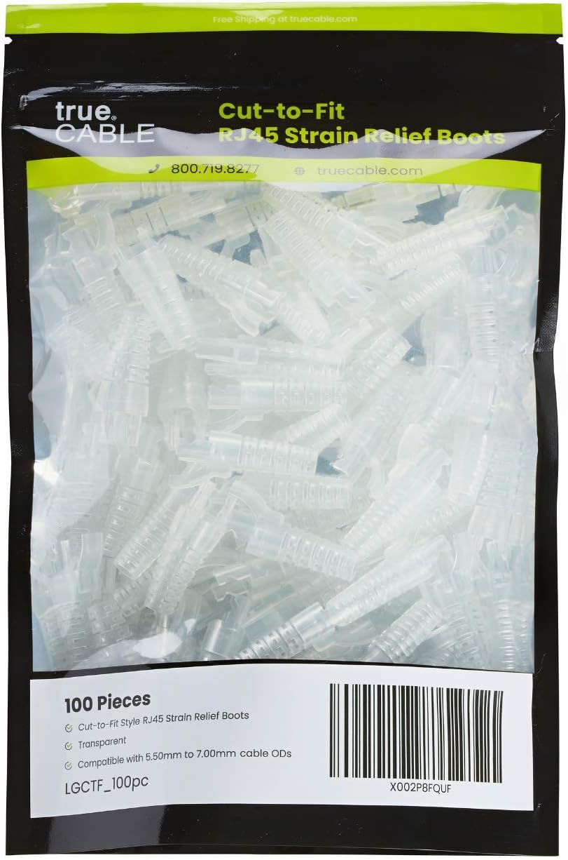 trueCABLE RJ45 Strain Relief Boots, Large 5.5 to 7.0mm Cut-to-Fit PVC Plug Cover, Transparent, 100 Pieces