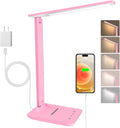 White crown LED Desk Lamp Dimmable Table Lamp Reading Lamp with USB Charging Port, 5 Lighting Modes, Sensitive Control, 30/60 Minutes Timer (Pink, First-Generation)