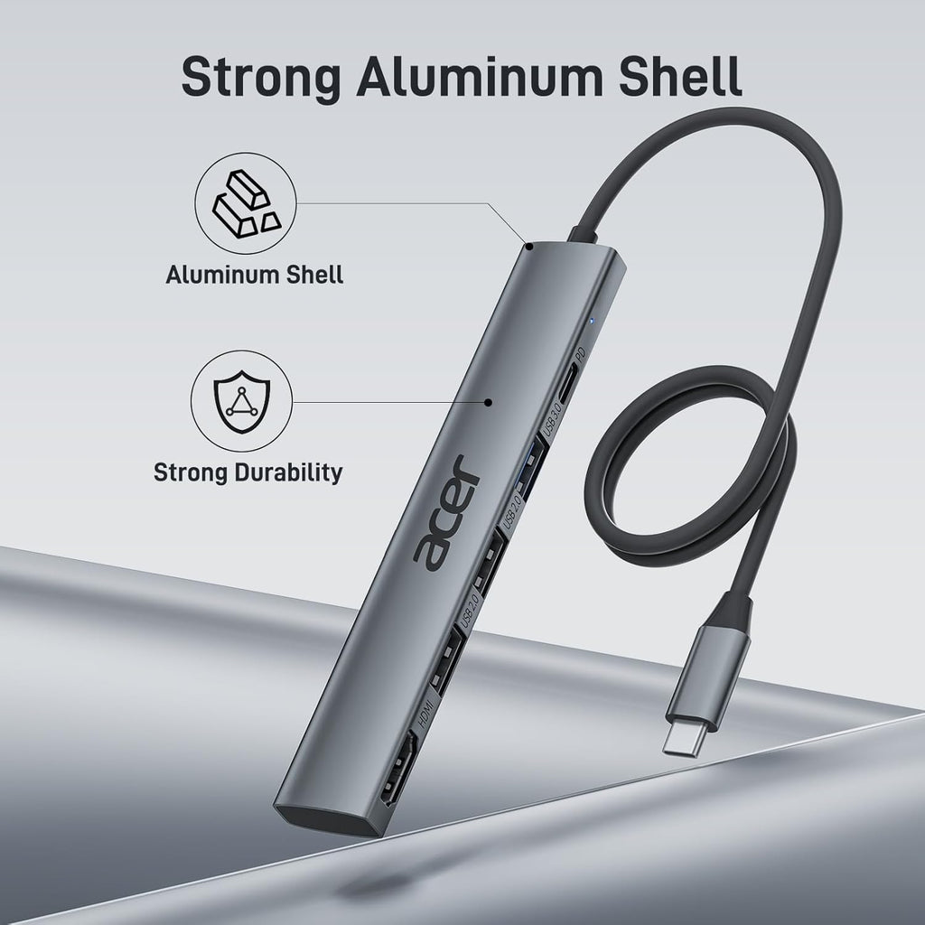 Acer USB C Hub 5 in 1 with 4K HDMI, 100W Power Delivery, 3 USB A Data Ports, USB C to HDMI Multiport Adapter for Laptop, PC, Tablet, MacBook Pro/Air, iPad Air/Pro, iMac, iPhone 15/16 Pro/Pro Max (2ft)