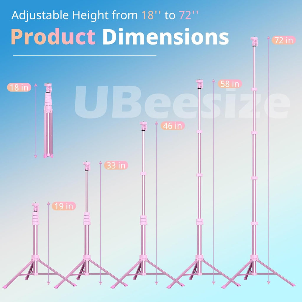 UBeesize 72" Phone Tripod & Selfie Stick, Camera Tripods Stand with Wireless Remote and Phone Holder,Compatible with iPhone Android Phone, Perfect for Selfies/Video Recording/Live Streaming Pink