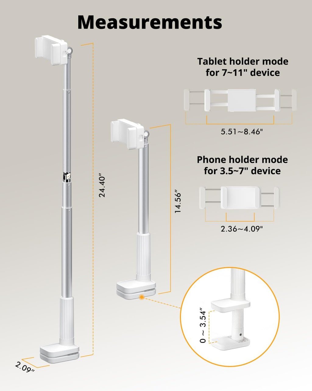 Phone Holder for Bed, 360° Rotation Cell Phone Stand, Flexible Long Arm Headboard Bedside Clip, Multi-Functional Overhead Phone Mount for 3.5-11" Phones, Tablets, Kindle, White