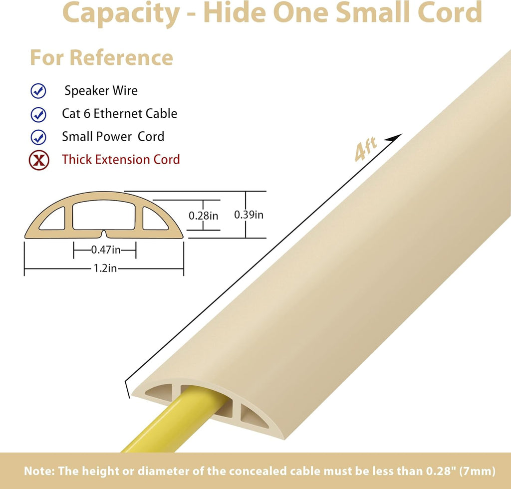 ZhiYo 4ft Cord Hider Floor for 1 Small Wire, Soft PVC Cord Covers for Wires on Floor, Wire Cover to Hide Power Cords, Cable Cover Protect Cords, Cable Cavity: W0.47in x H0.28in Ivory Beige