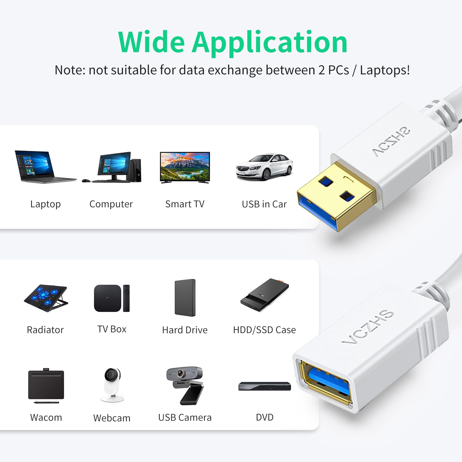 VCZHS Tech USB Extension Cable White 1ft, USB 3.0 Extender for High-Speed Data Transfer & Fast Charging, Durable & Flexible for Mouse, Keyboard, Printer, Flash Drive, Webcam, and More