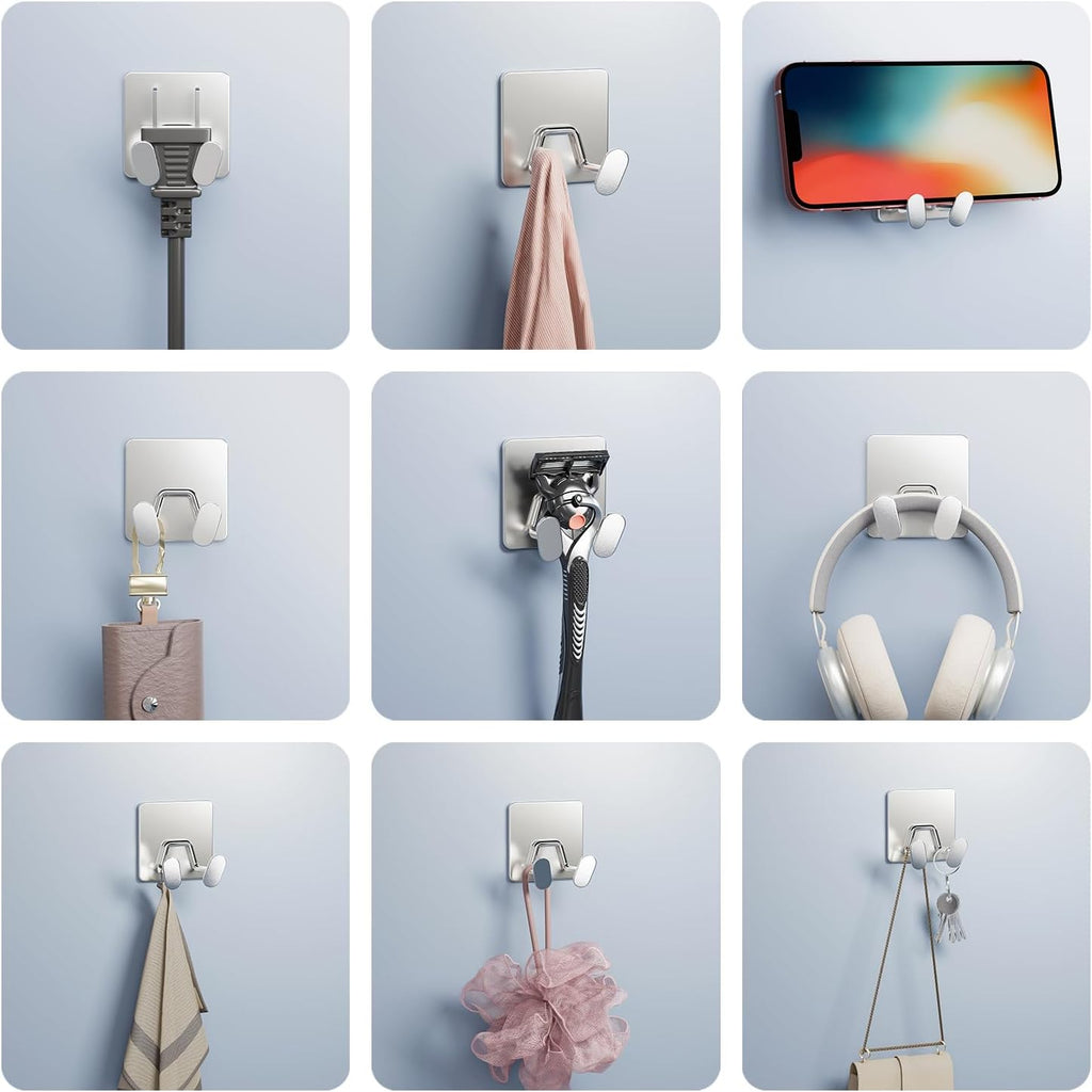 Adhesive Shower Hooks for Inside - Extra Sticky Stainless, Razor Holder Shower Accessories, Wall Mounted Self-Adhesive Double Hooks for Razor, Loofah, Towel, Shaver, Coat, Key, Silver, 4-Pack