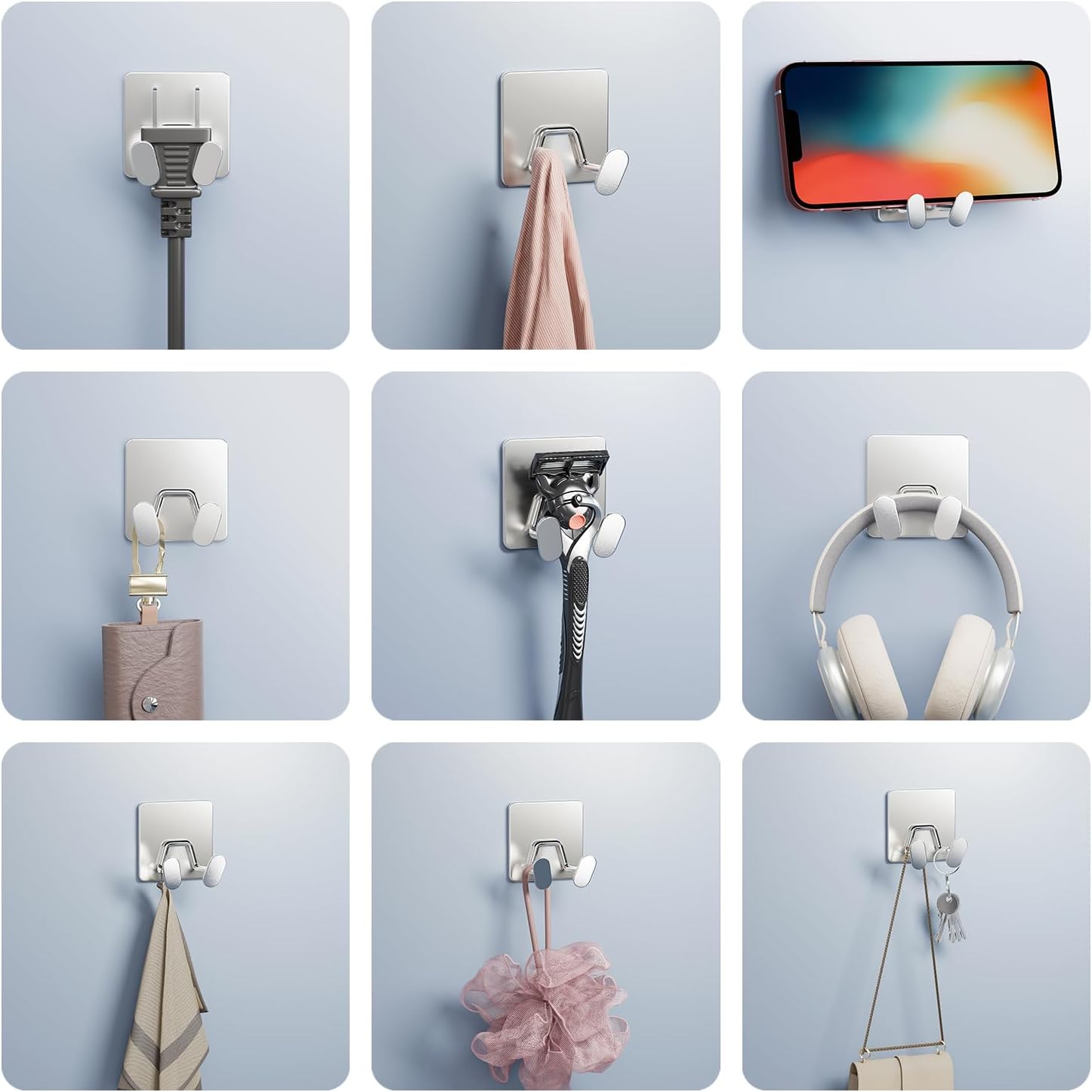 Adhesive Shower Hooks for Inside - Extra Sticky Stainless, Razor Holder Shower Accessories, Wall Mounted Self-Adhesive Double Hooks for Razor, Loofah, Towel, Shaver, Coat, Key, Silver, 4-Pack