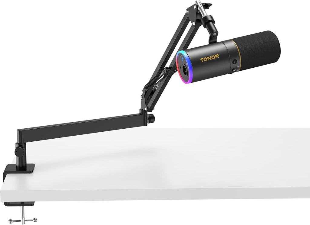 TONOR Dynamic Microphone, XLR/USB Microphone for Gaming, Streaming, XLR Cardioid Studio Mic with Quick Mute, Headphone Jack, Volume Control, Mic with RGB Lighting and Low Profile Boom Arm, TD520s+