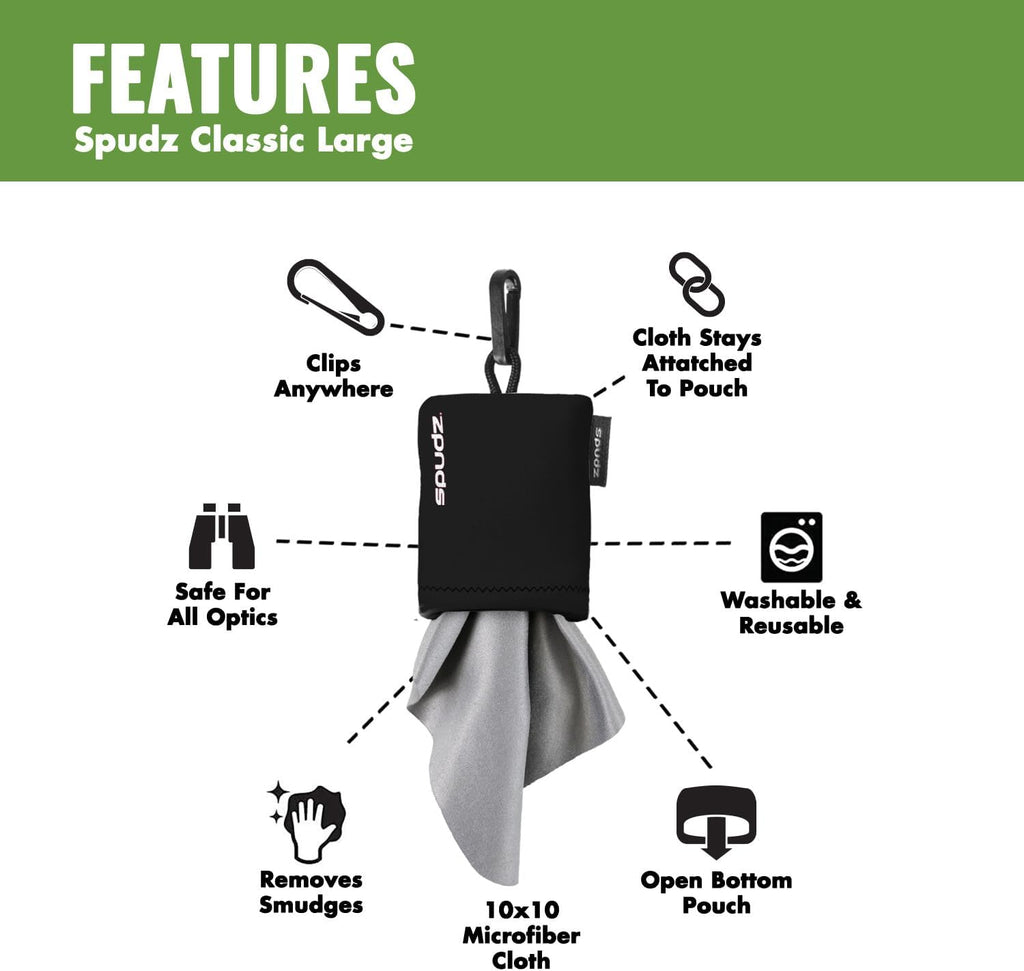 SPUDZ Classic Microfiber Lens Cleaner – Clip-On Pouch, Washable – for Binoculars, Scopes, Glasses, Screens | Black, 10 x 10 Inch