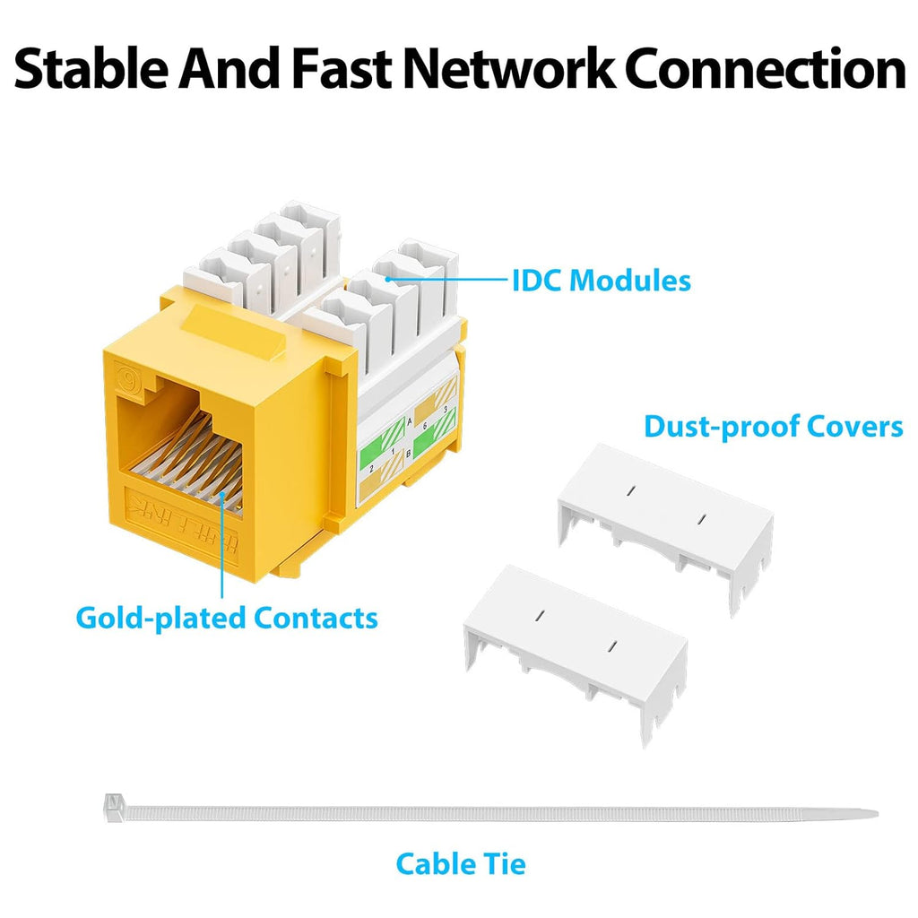 Iwillink 10Gbps Cat6 Keystone Jack, RJ45 25-Pack and Punch-Down Stand, UTP Modular Ethernet Insert 90-Degree, Punch Down Adapter, Yellow