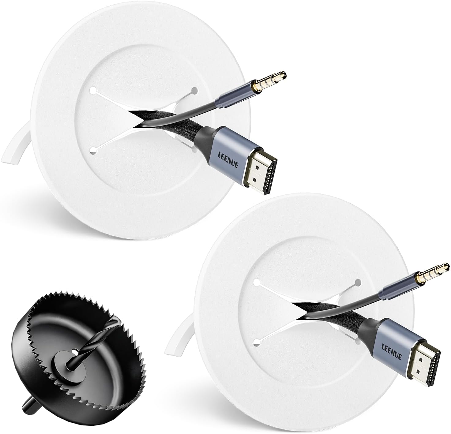 in Wall Cable Management Kit, Slim TV Wire Hider Kit for Wall Mounted TV, 2 Pcs Pass Through with Hole Saw for Network, HDMI, Speaker Cables, Coaxial, White