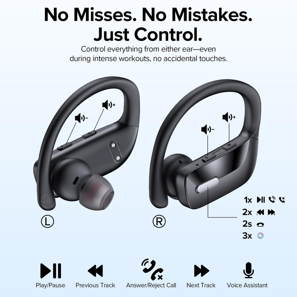 OCC Wireless Ear Hook Sport Earbuds, Bluetooth Headphones with Mic, IPX5 Waterproof, 80H Playtime, Deep Bass, Secure Fit for Running Gym Workout - Black