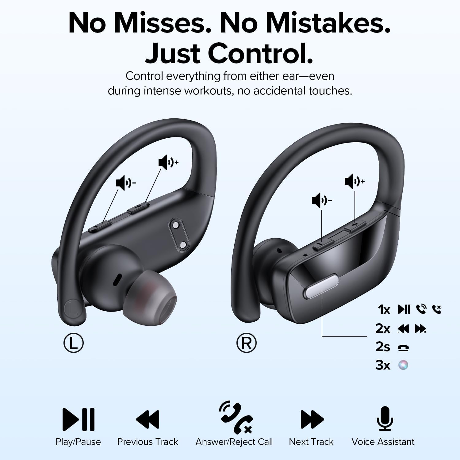 OCC Wireless Ear Hook Sport Earbuds, Bluetooth Headphones with Mic, IPX5 Waterproof, 80H Playtime, Deep Bass, Secure Fit for Running Gym Workout - Black