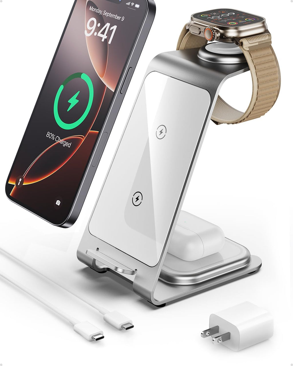 Intoval 3 in 1 Wireless Charging Station for iPhone 16 15 14 13 12 11 X Pro Max, Wireless Charger for Apple Watch 10 Ultra 3 SE 9 8 7 6 5 4 3 2, for AirPods 4 Pro Pro 2 3 (Y93, Silver)