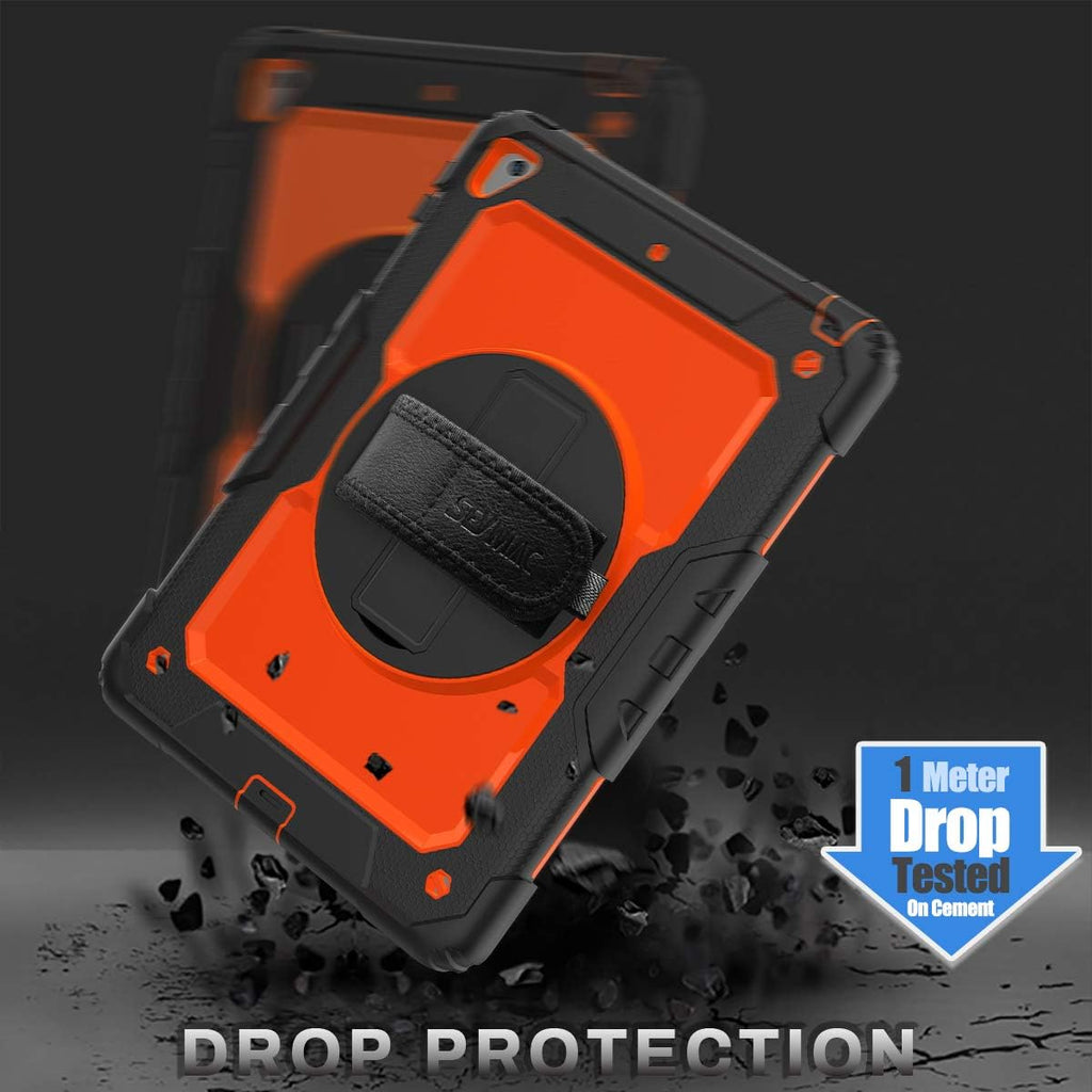 SEYMAC stock Case for iPad 6th / 5th Generation Case/Air 2 / Pro 9.7 inch, Heavy Duty Protective with Screen Protector, with Pencil Holder, Hand Strap, Shoulder Strap, 360 Rotate Stand, Orange+Black