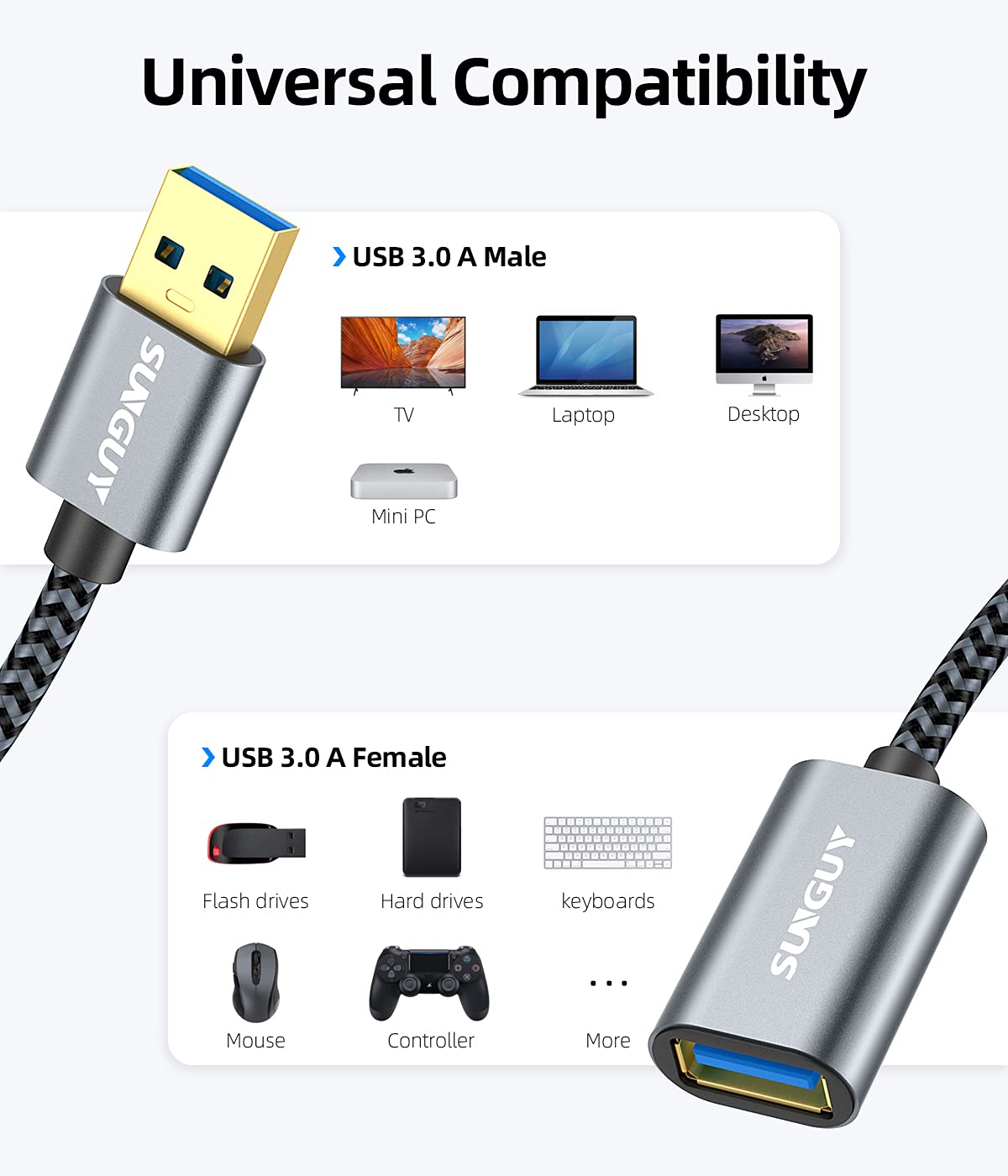 SUNGUY 5Gbps USB 3.0 Extension Cable, 6FT USB Extender, USB A Male to Female Cord, Braided High Data Transfer Compatible with Xbox, Hard Drive, Webcam, USB Keyboard, Mouse, Flash Drive, Oculus VR