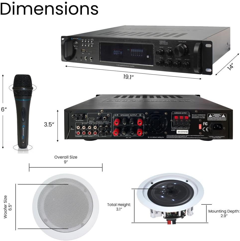 Vaiyer Home Stereo System Kit - 7.2 Channel 4500 Watts Bluetooth Amplifier with 8 Qty of 6.5" Ceiling Speakers 200W Each, Mic, 16 AWG 500 ft. Speaker Wire & Remote for Home, Bar, Office, Restaurant