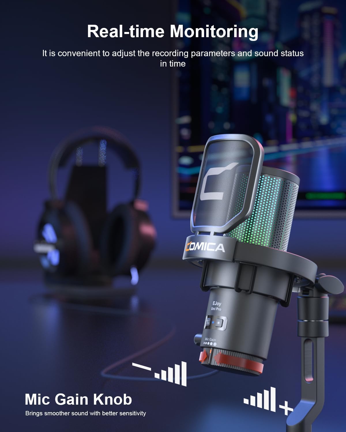 COMICA Ejoy Uni(D) USB Gaming Microphone with Noise Cancellation, RGB Lights, Monitoring, Muting, Streaming Mic for Computer, PS5, PS4, Streaming, Podcast, Chat, Twitch, YouTube, Discord