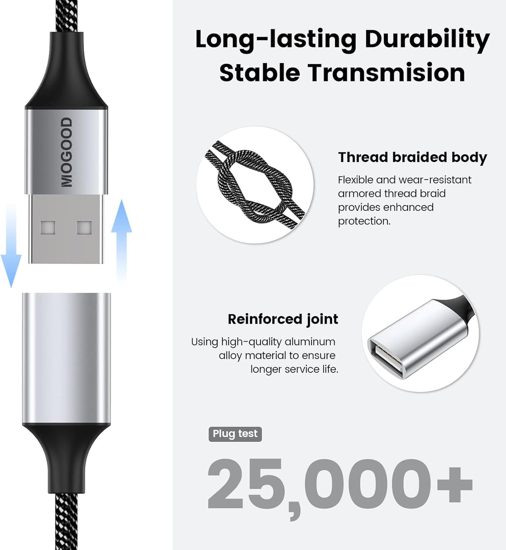 Durable USB A Male to 2 Female Extension Cord - Nylon Braided Splitter Cable for Printer, Keyboard, Flash Drive, Hard Drive, PlayStation