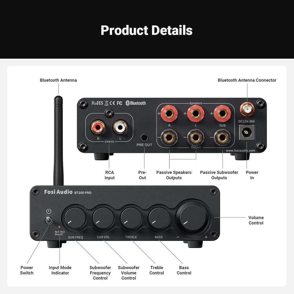 Fosi Audio Bluetooth Subwoofer Amplifier 2.1, BT30D Pro Subwoofer Amp with TPA3255 Chips 165W x2+350W & Bass Treble Control, 2.1 Channel Sub Amplifier for Desktop/Outdoor/Bookshelf Speakers