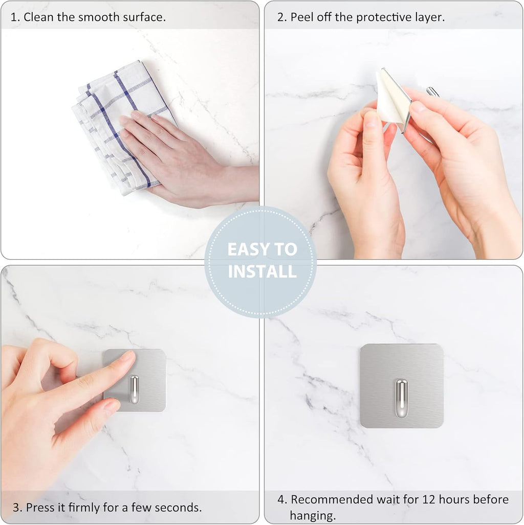 VIS'V Adhesive Hooks, Metal Shower Wall Stick on Hooks, Waterproof, 2 Extra Adhesive Strips, Silver, 4 Pcs