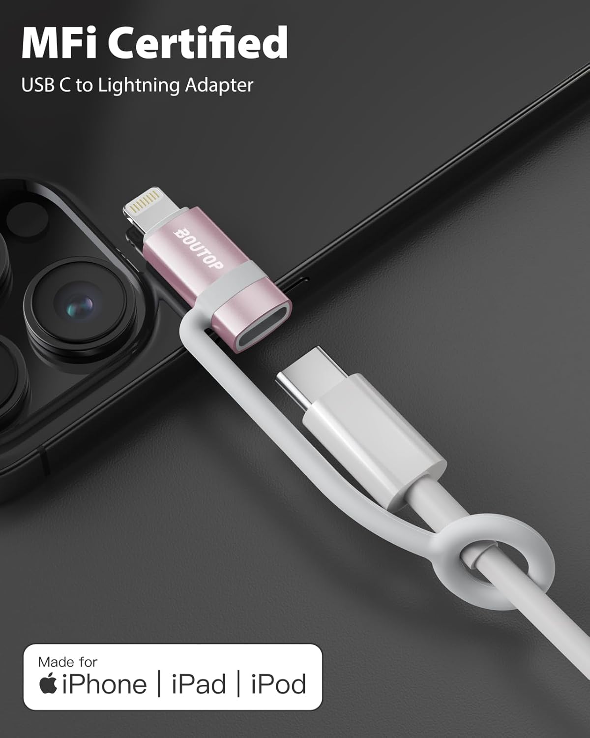[MFi Certified] 36W USB C to Lightning Cable Adapter, Support Data Sync/PD Fast Charging Compatible with iPhone iPad AirPods, with Anti-Lost Holder - Rose Gold 2 Pack