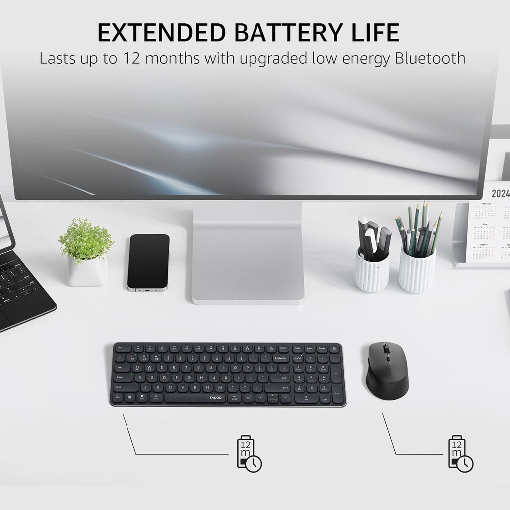 Rapoo 9360M Wireless Keyboard and Mouse Combo, Blade-Series E9310M 99-Key Ultra-Thin Keyboard and M300G Silent Mouse, Support 4 Devices, Quiet, Compact, Battery Powered, for Windows/Mac/Linux/Chrome