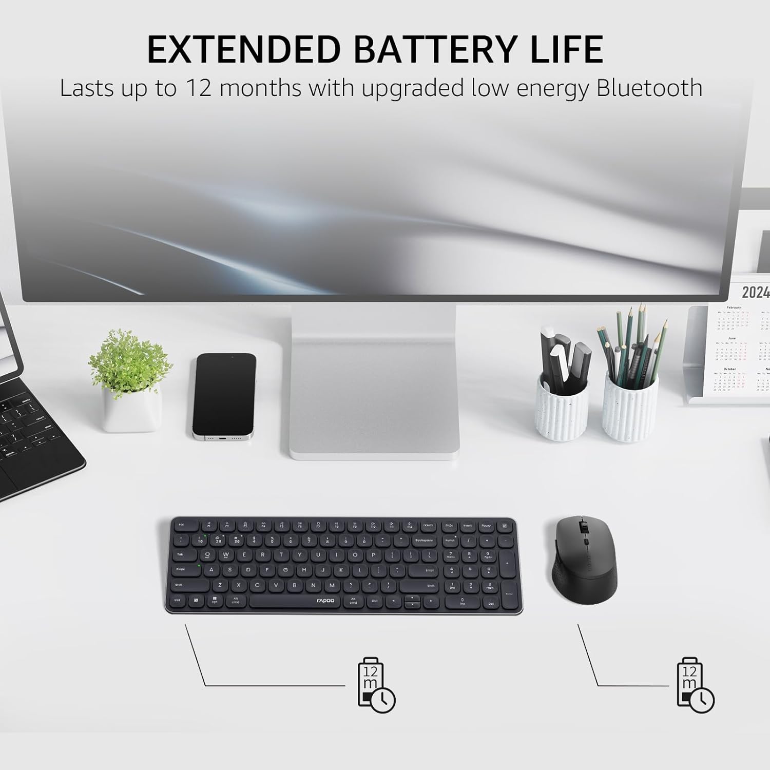 Rapoo 9360M Wireless Keyboard and Mouse Combo, Blade-Series E9310M 99-Key Ultra-Thin Keyboard and M300G Silent Mouse, Support 4 Devices, Quiet, Compact, Battery Powered, for Windows/Mac/Linux/Chrome