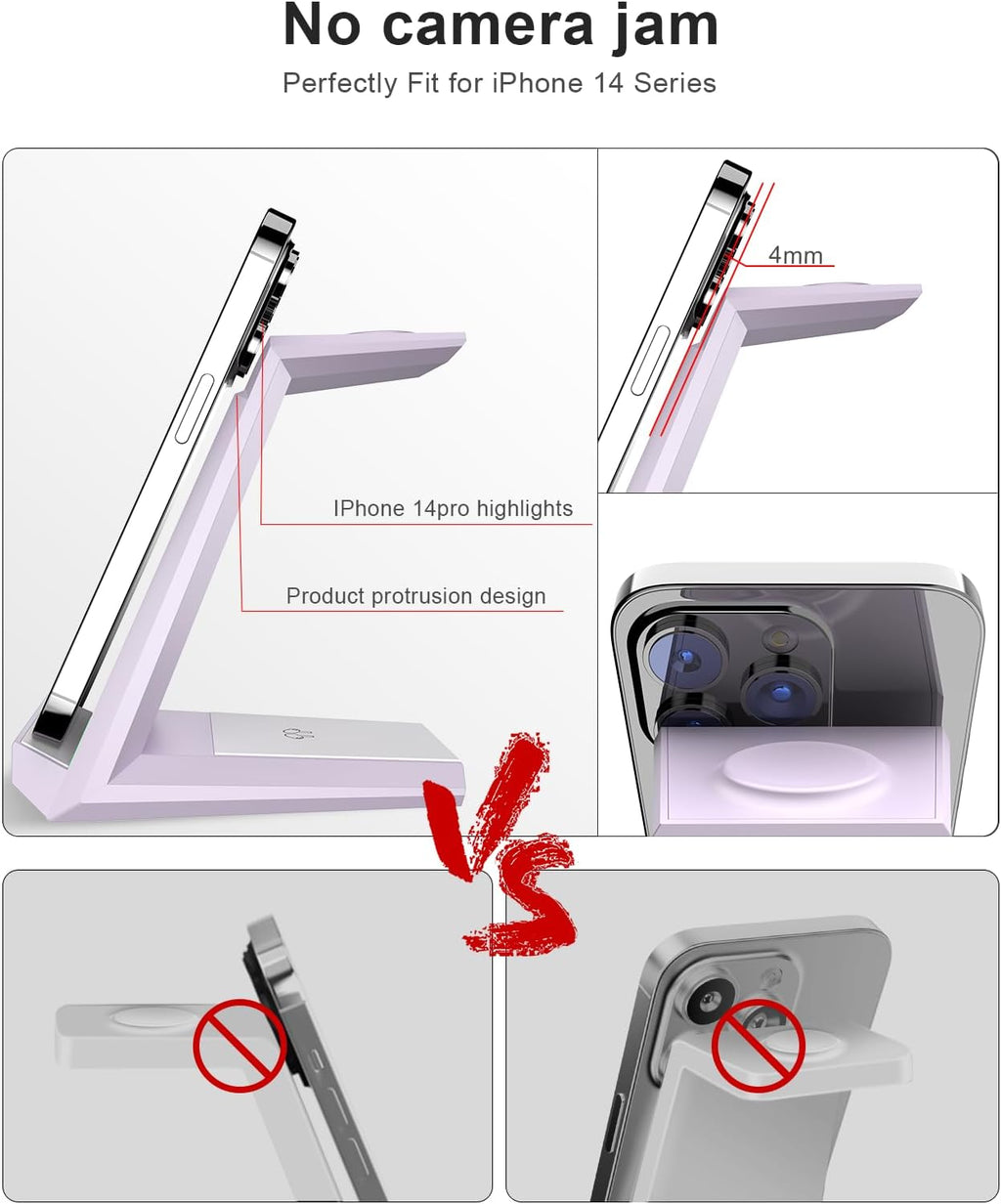 Wireless Charging Station for iPhone - ADADPU 3 in 1 Charger Stand for iPhone 16 15 14 13 12 11 Pro Max XR XS 8 Plus, Wireless Charging Dock for Apple Watch 8/7/SE/6/5/4/3/2, AirPods Pro/3/2 (Purple)