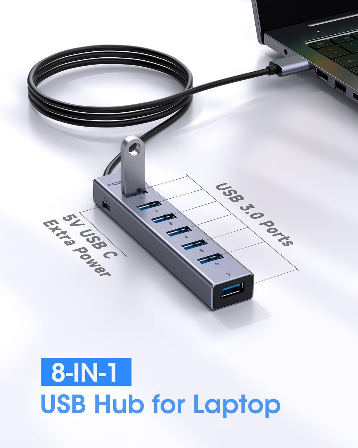 FORIDA USB to USB Hub Long Cable, 8 Ports USB 3.0 Adapter with 7 USB 3.0 Data Ports,USB Splitter with USB C 5V/3A Power Port, 47IN/120CM Main Cable for Laptop PC and More (USB A, 47IN)