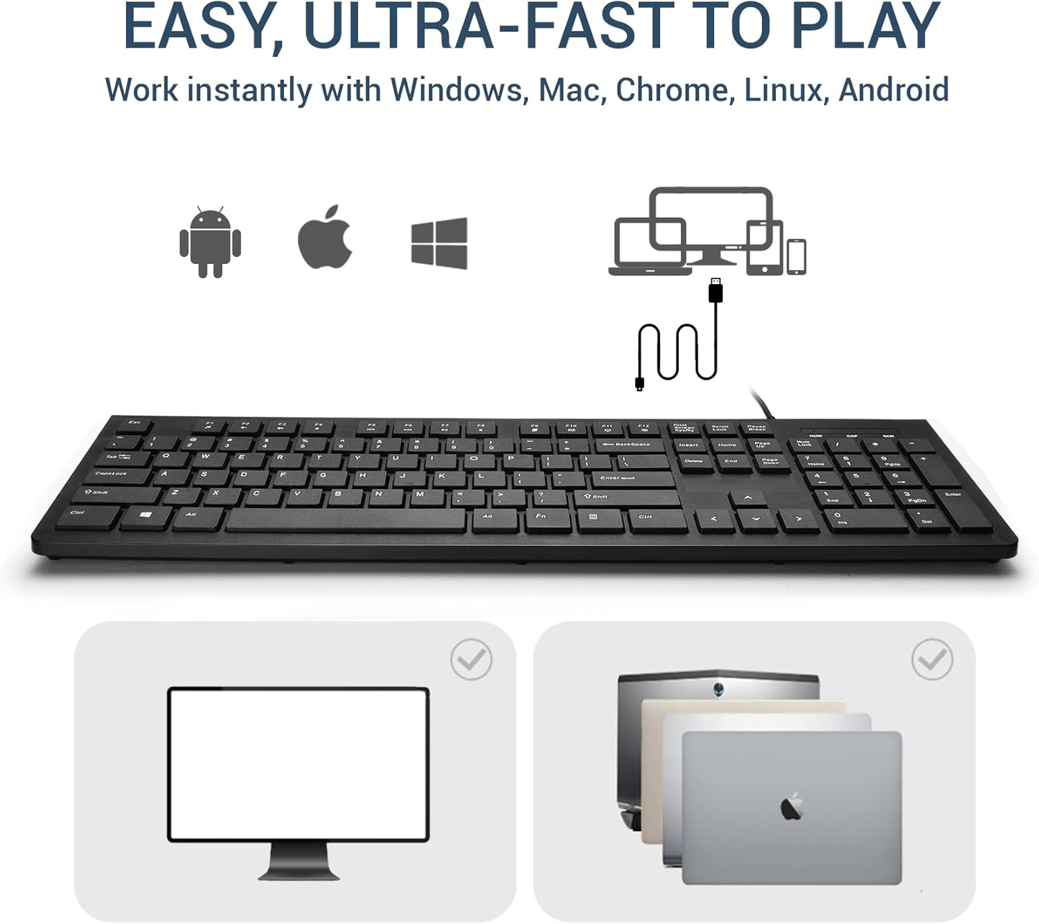 Computer Keyboard Wired, Plug Play USB Keyboard, Low Profile Chiclet Keys, Large Number Pad, Caps Indicators, Foldable Stands, Spill-Resistant, Anti-Wear Letters for PC Laptop (Black, 2-Pack)