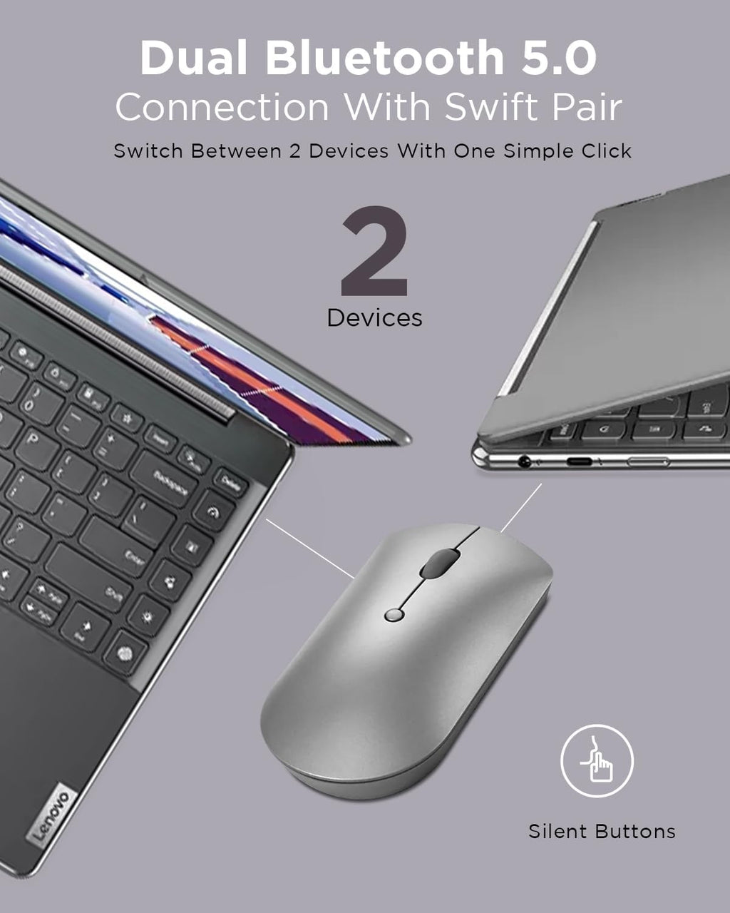 Lenovo 600 Bluetooth Silent Mouse, Blue Optical Sensor, Adjustable DPI, 4 Button, Microsoft Swift Pair, Windows, Chrome, GY50X88832, Gray
