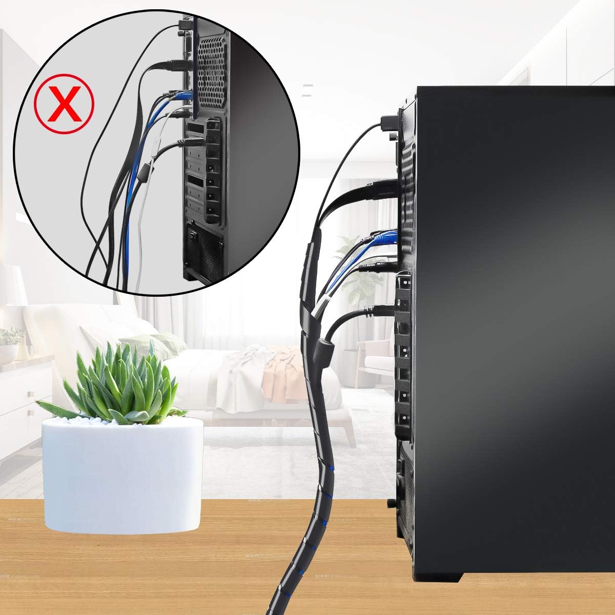 50Ft XHF 1/4" Spiral Cable Wrap 6mm(Wrapping Range:4mm-50mm) Spiral Wire Wrap Cord for Computer Electrical Wire Organizer Sleeve Hose RoHS Black