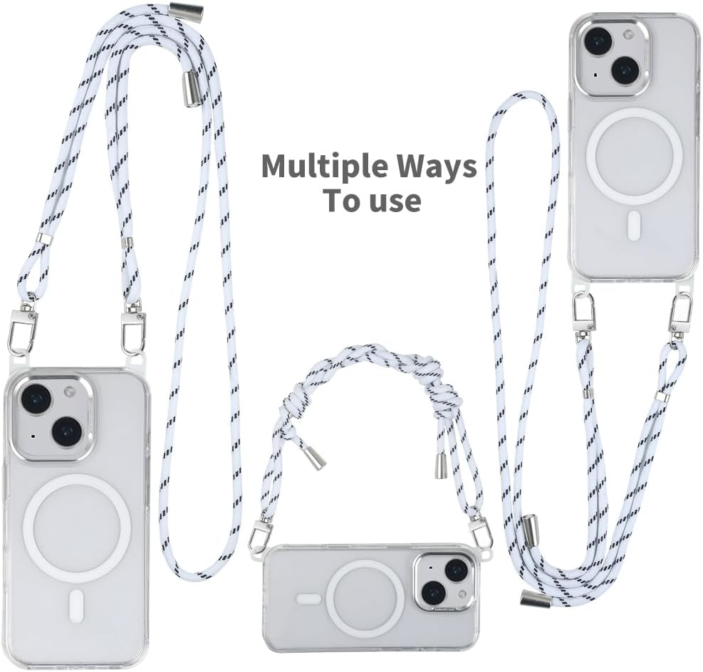 for iPhone 15 Case with 62.99 inch Lanyard, Classic Clear&White Magnetic Phone Case, Drop&Shockproof Protection Cases, Phone Lanyard for Around The Neck, Compatible with Magnet Accessory