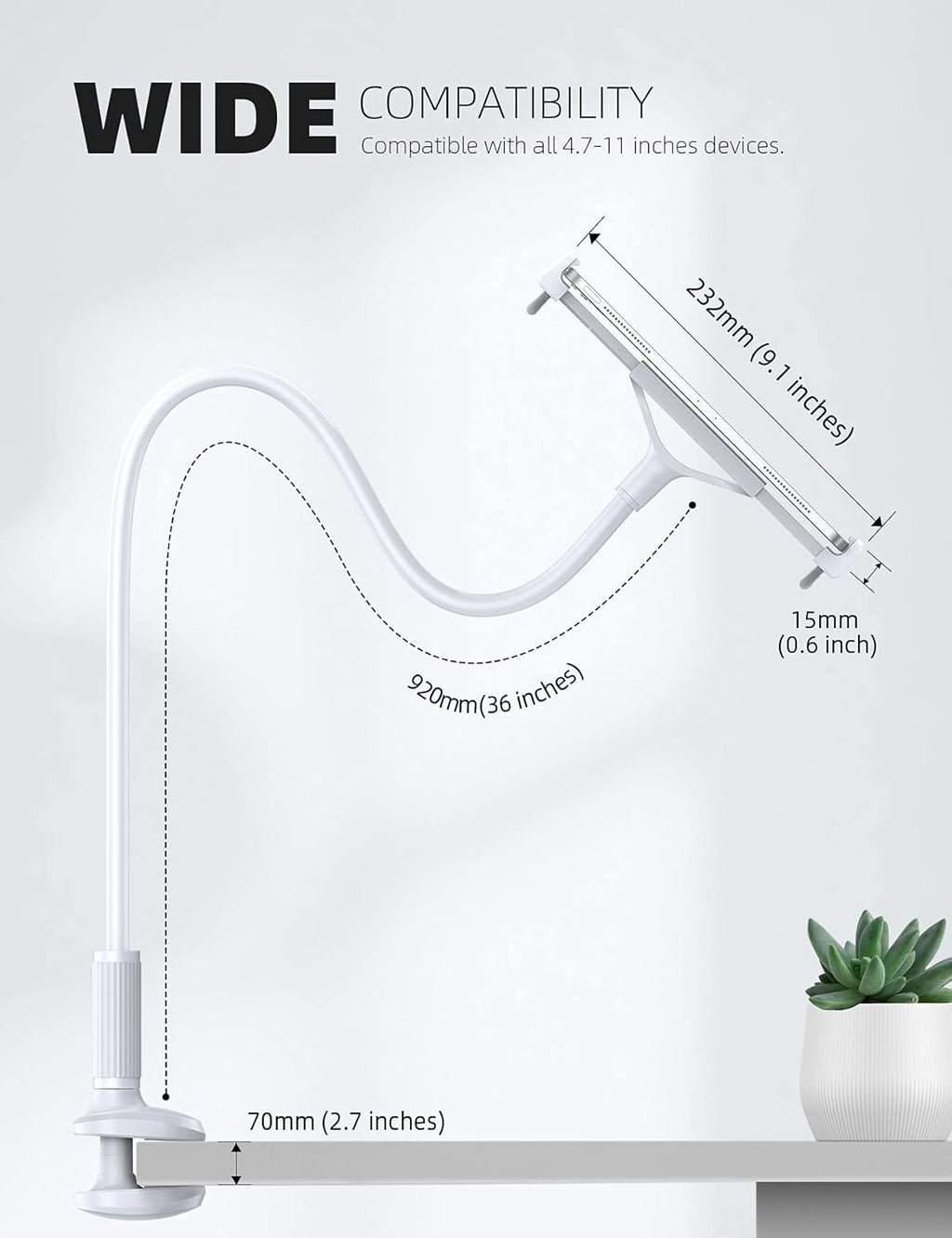 Lamicall Gooseneck Tablet Mount Holder for Bed Flexible Tablet Arm Clamp for Bed Compatible with Pad Pro 10.5, Air 9.7, Mini 7.9, Galaxy Tabs, Switch, More 4.7-11" Device - White