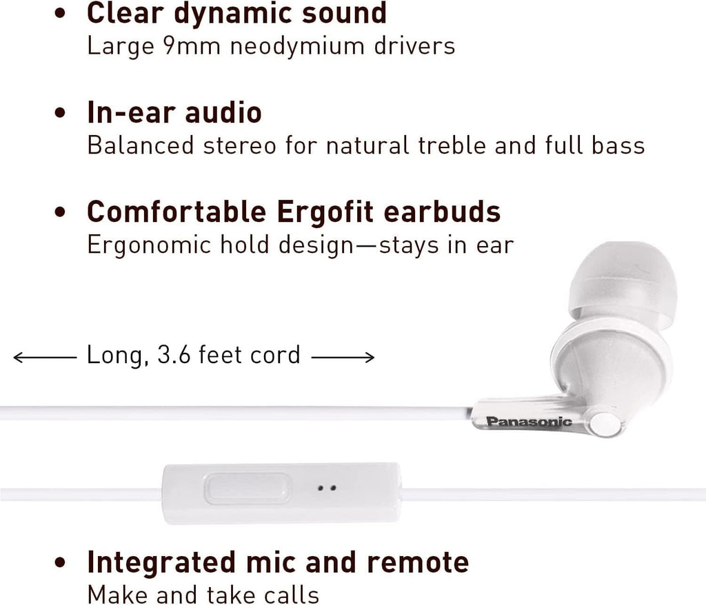 Panasonic ErgoFit Wired Earbuds With Microphone, 3.5mm Jack Wired Headphones with Mic and Call Controller, Ergonomic Custom-Fit Earpieces (S/M/L), for Phones and Laptops - RP-TCM125-W (White)