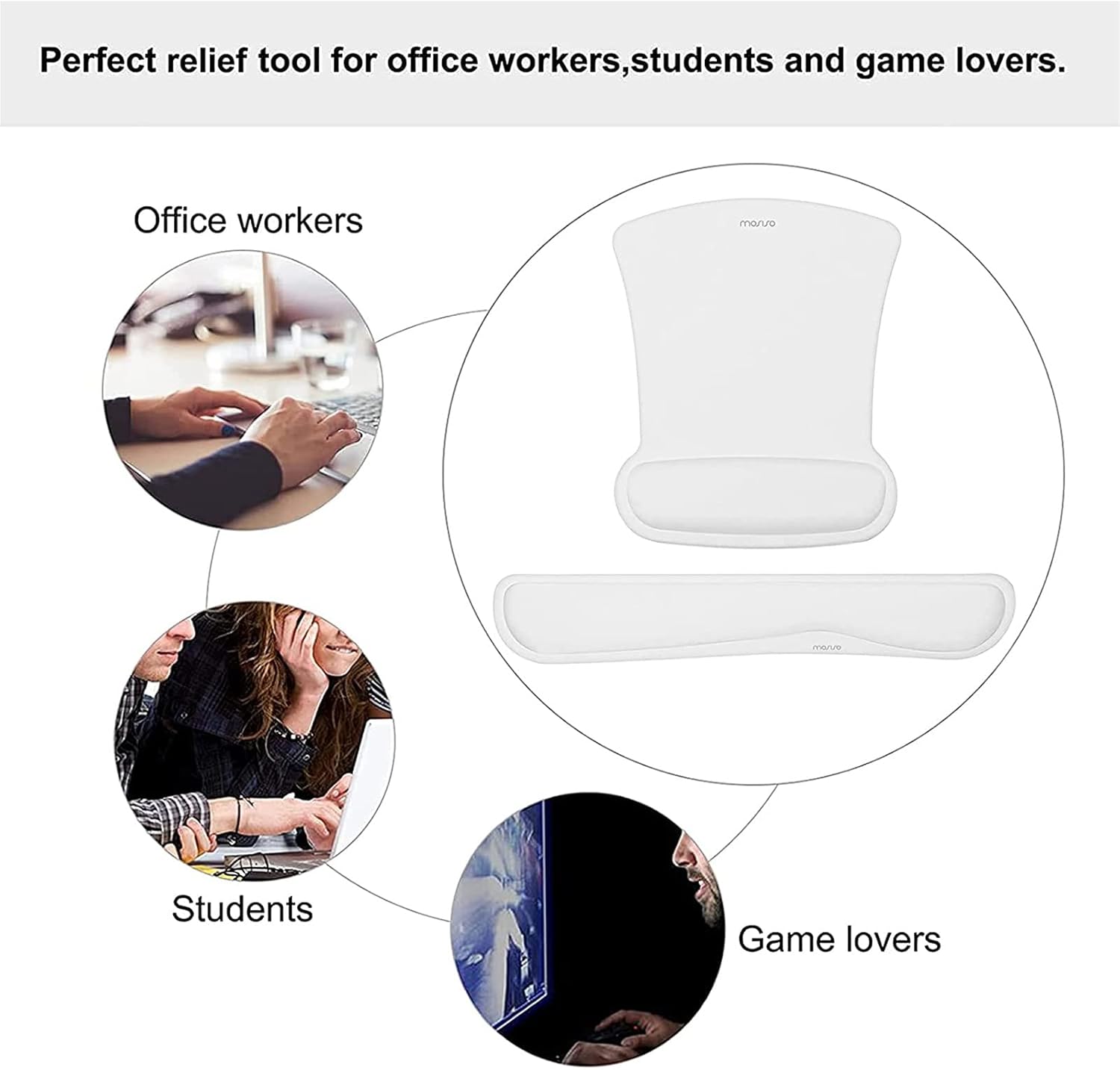 MOSISO Wrist Rest Support for Mouse Pad & Keyboard Set, Ergonomic Mousepad Non-Slip Base Home/Office Pain Relief & Easy Typing Cushion with Neoprene Cloth & Raised Memory Foam, White