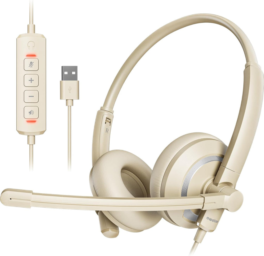 USB Headset with Microphone for PC Laptop - Headphones with Noise Cancelling Microphone for Computer,On-Ear Wired Office Call Center Headset for Boom Skype Webinars,Lightweight-Apricot