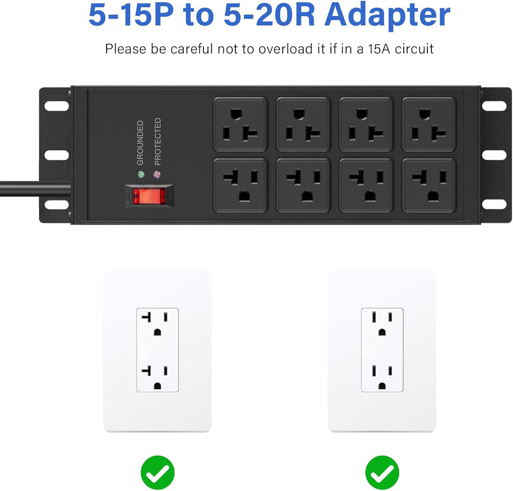 CCCEI Black Heavy Duty Power Strip Surge Protector 20 AMP, 8 Outlets 12 Gauge Industrial Shop Garage Metal Multiple Outlets, 10 FT Extension Cord 5-15P Adapter High Amp 6-20R T-Slot 20a for Appliance