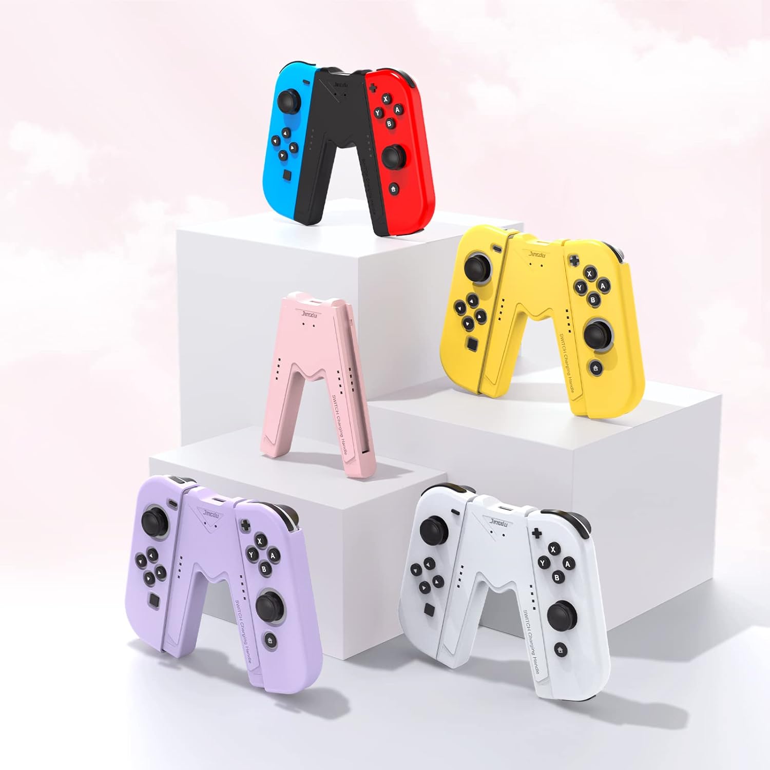 JINGDU Switch JoyCon Charging Grip Compatible with Nintendo Switch Standard & OLED Model, Play While Charging, Portable VShaped JoyCon Controller Charger with Charge Cable | 2PCS | Black