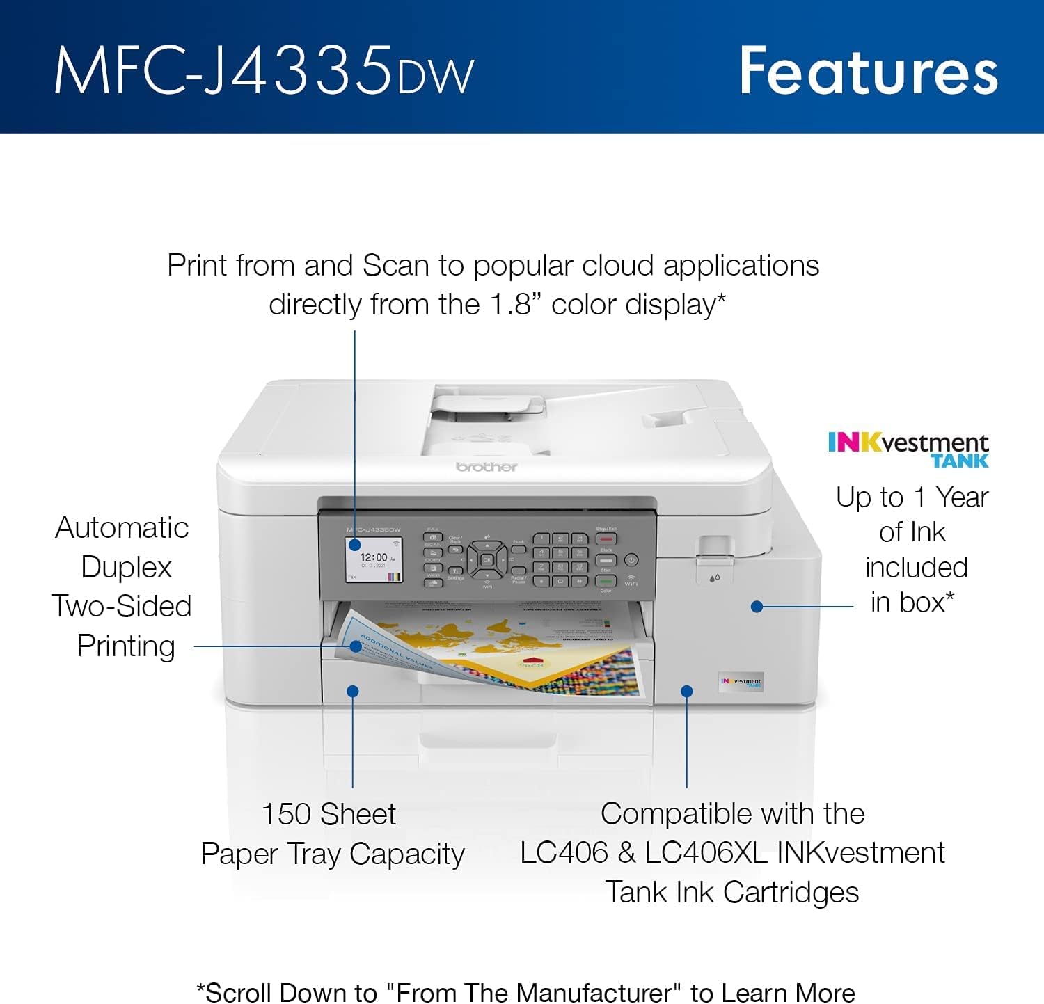 Brother MFC-J4335DW INKvestment Tank All-in-One Printer with Duplex and Wireless Printing Plus Up to 1-Year of Ink in-Box (Renewed Premium), White