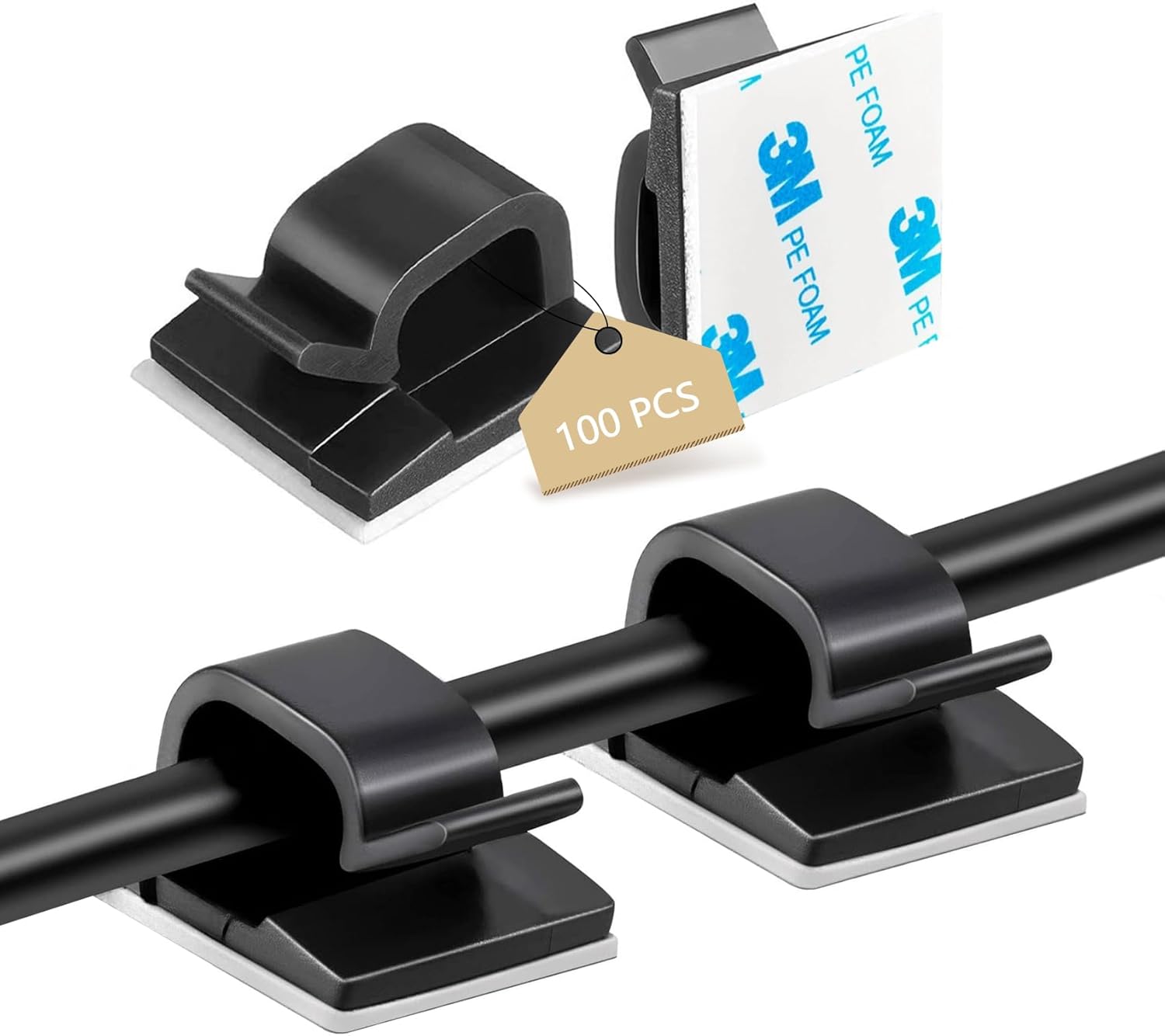 100PCS Adhesive Cable Clips, Wire Holder Organizer Cord Management, Cable Staples Outdoor Strong Cord Clips for Wall, Desk, Christmas Lights, String Lights, TV PC Ethernet Cable, Black Small
