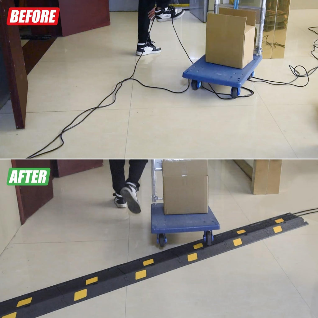 6 Pack 2-Channel Rubber Cable Protector Ramp, 17" x 10" x 1.8" inch Interlocking Floor Wire Cord Cable Cover, Visible at Night, Durable Rubber Speed Bump Hump Ramp (2-Channel 6 Pack)