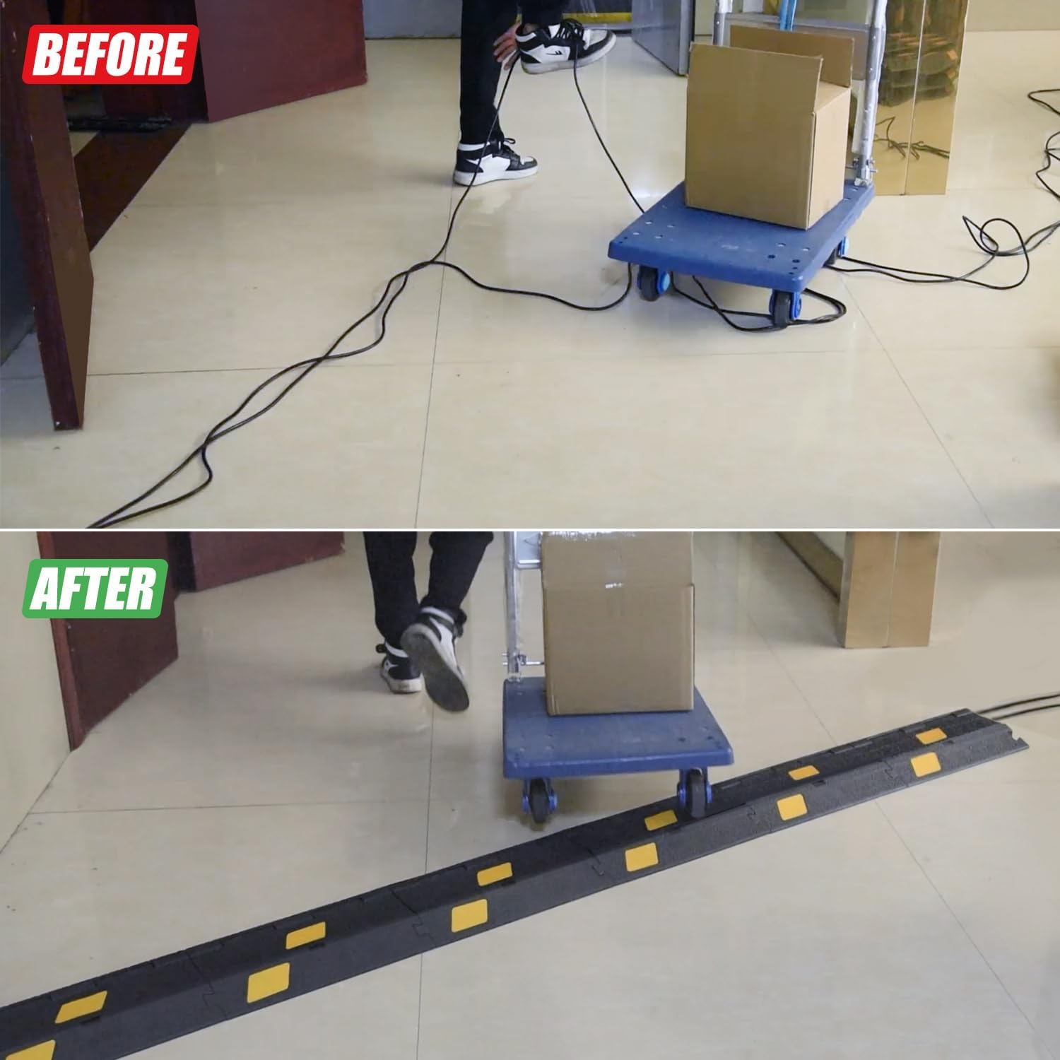 6 Pack 2-Channel Rubber Cable Protector Ramp, 17" x 10" x 1.8" inch Interlocking Floor Wire Cord Cable Cover, Visible at Night, Durable Rubber Speed Bump Hump Ramp (2-Channel 6 Pack)
