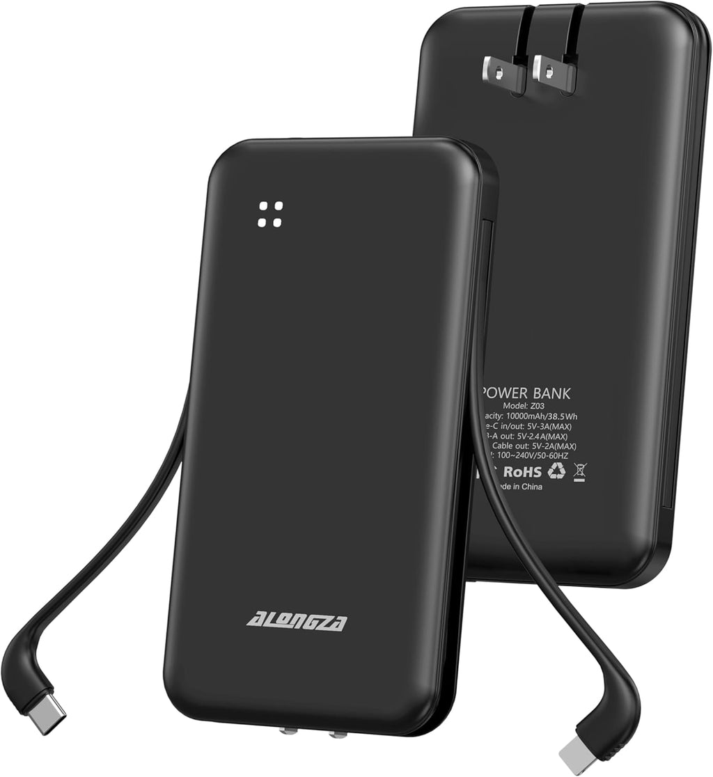 Alongza Portable Charger Built-in Cables and AC Wall Plug, Slim Fast Charging Power Bank 10000mAh, Lightweight USB C External Battery Pack Compact Travel Cell Phone Charger