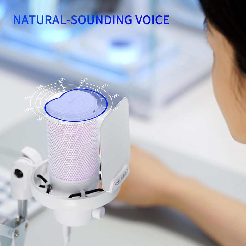 FEELWORLD VM1 White Gaming PC USB Microphone Condenser Mic with Noise Cancellation Mute RGB Light, Computer Accessories Gifts for Gamer YouTube Twitch Podcast Streaming Recording Online Chat PS4 PS5