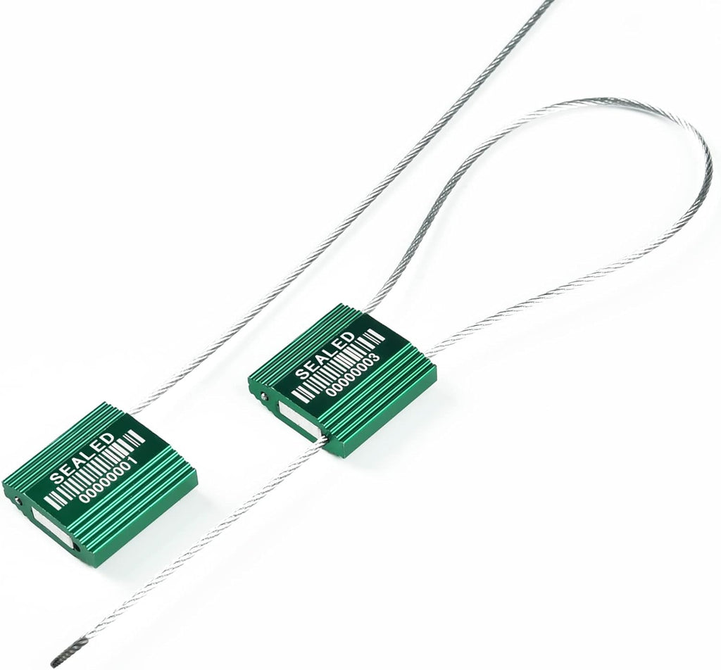 100 Green Steel Cable Seals With Barcode - High Security Numbered Truck Anti-Tamper Pull Tite Tags - Metal Container Shipping Self-Locking Safety Ties ISO 17712