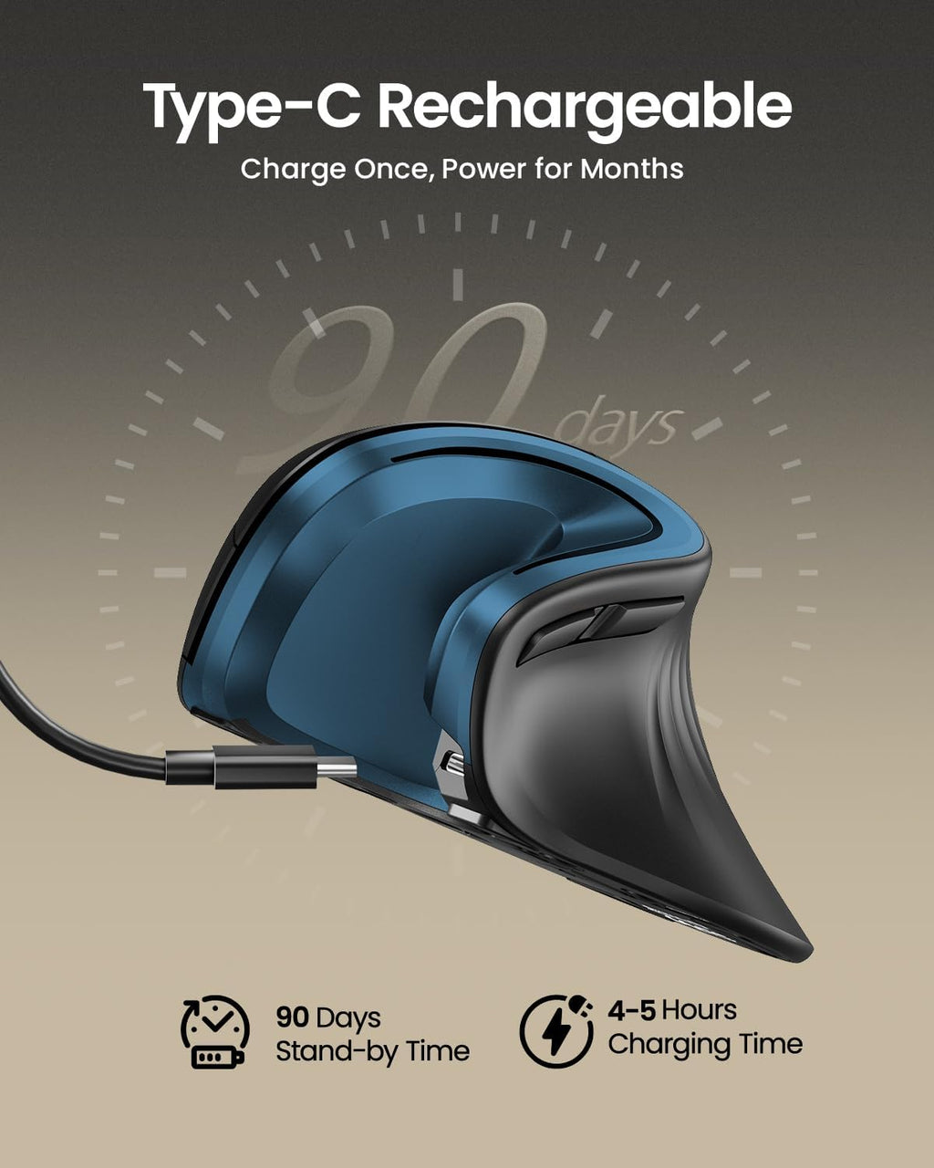 ProtoArc Ergonomic Mouse, EM11 NL Bluetooth Rechargeable Wireless Vertical Mouse, 3 Multi-Device Connectivity for Computer/PC/Laptop, 2.4GHz Optical Mice for Windows, Mac OS, Blue