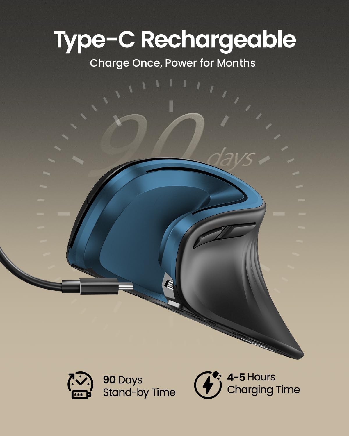 ProtoArc Ergonomic Mouse, EM11 NL Bluetooth Rechargeable Wireless Vertical Mouse, 3 Multi-Device Connectivity for Computer/PC/Laptop, 2.4GHz Optical Mice for Windows, Mac OS, Blue