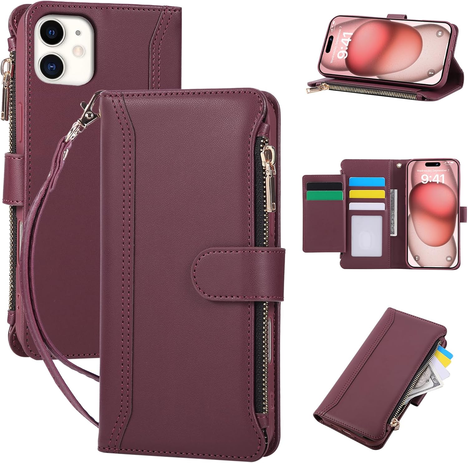 Compatible with iPhone 11 Wallet Phone Case-PU Leather Magnetic Flip Cover with Credit Card Slots,Zipper Pocket & Detachable Wrist Strap,Shockproof Design,for Women and Men-Claret